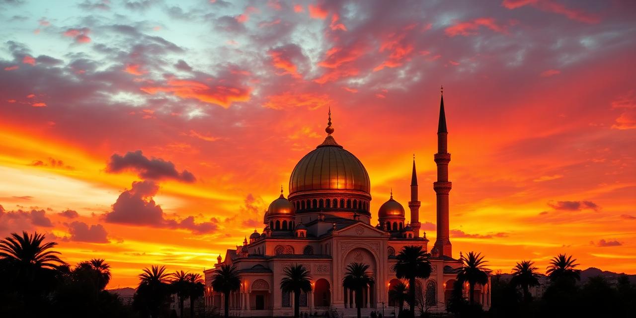 Mosque silhouette at golden sunset