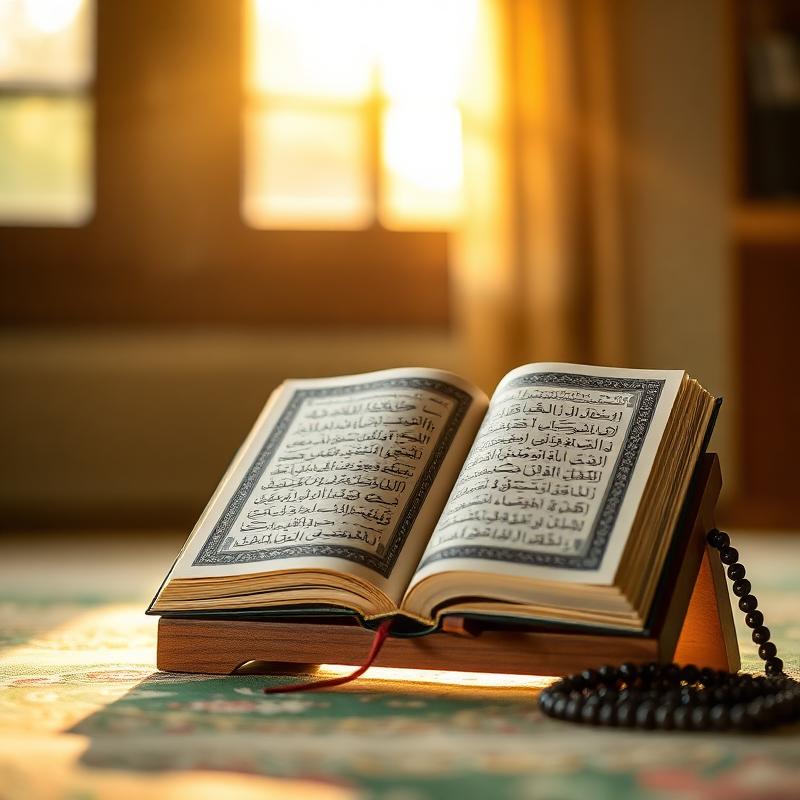 Open Holy Quran on a wooden rehal stand