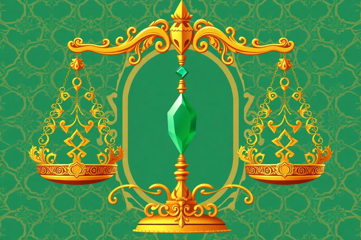 Golden scales of justice with emerald gem