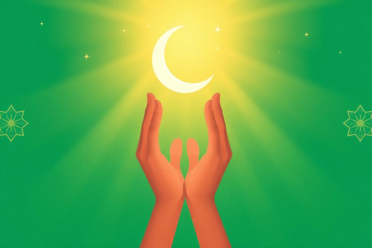 Hands raised in dua under a crescent moon